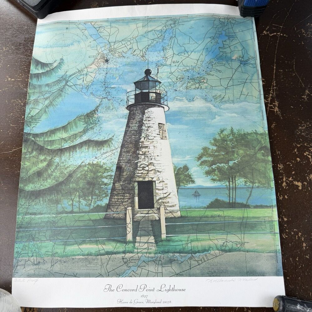 Concord Point Lighthouse Artist Proof Print 16x20 Poster Nautical Map Background